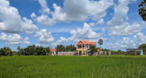 Traditionelles kambodschanisches Haus mit orangefarbenem Dach inmitten grüner Reisfelder unter blauem Himmel - sicheres ländliches Kambodscha.