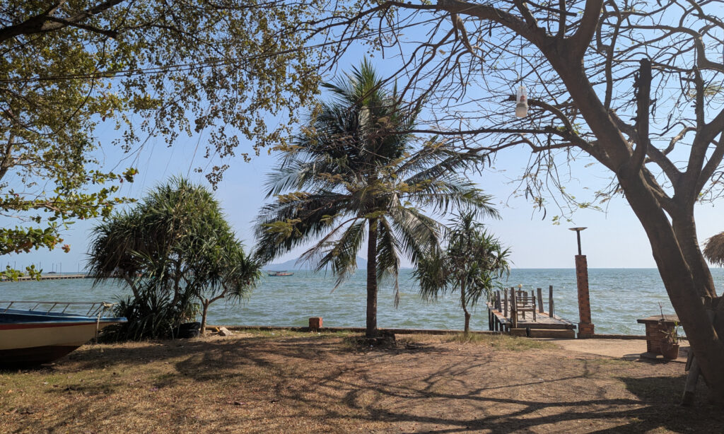 Der Blick auf eine Palme und aufs Meer an der Küste von Kep.