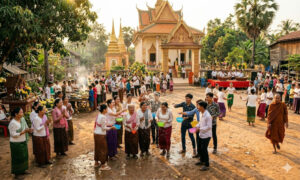 Menschen feiern ausgelassen das Khmer-Neujahrsfest auf dem Gelände eines buddhistischen Tempels in einem kambodschanischen Dorf.