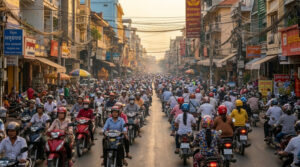 Dichter Motorradverkehr auf einer stark befahrenen Straße in Phnom Penh.