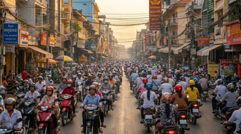 Dichter Motorradverkehr auf einer stark befahrenen Straße in Phnom Penh.