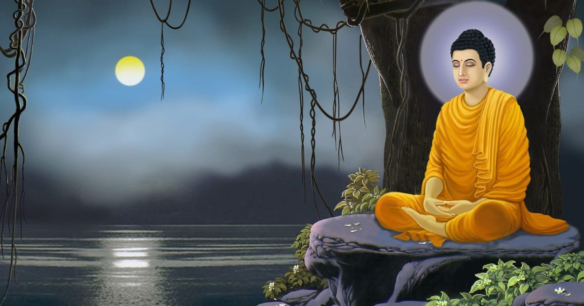 Farbige Zeichnung von Buddha, wie er meditierend unter dem Bodhi-Baum sitzt.