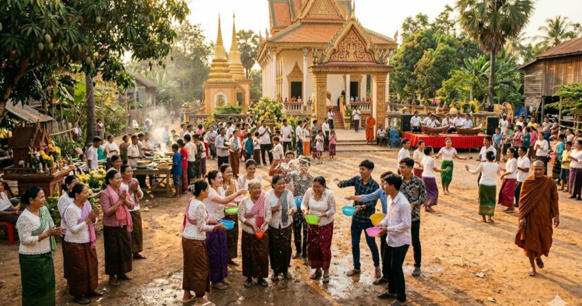 Menschen feiern ausgelassen das Khmer-Neujahrsfest auf dem Gelände eines buddhistischen Tempels in einem kambodschanischen Dorf.