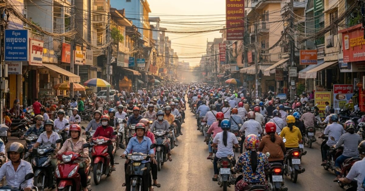 Dichter Motorradverkehr auf einer stark befahrenen Straße in Phnom Penh.