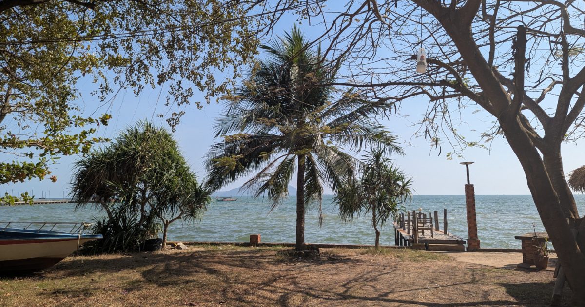 Der Blick auf eine Palme und aufs Meer an der Küste von Kep.